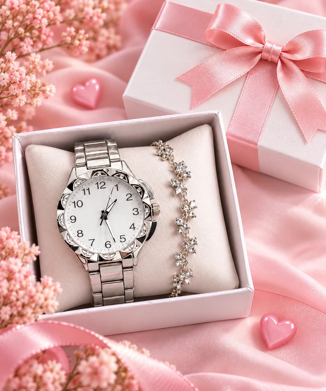 Kit Relógio Feminino Prata com Pulseira Delicada e Caixa para Presente