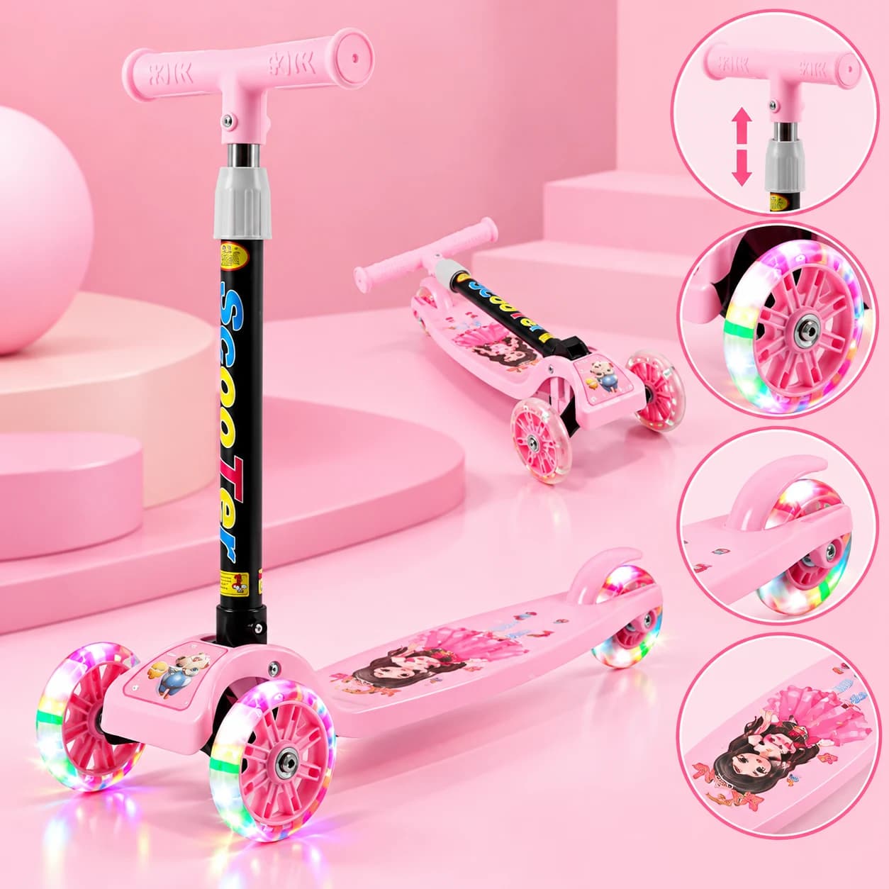 Patinete Infantil Rosa 3 Rodas De Led Dobrável